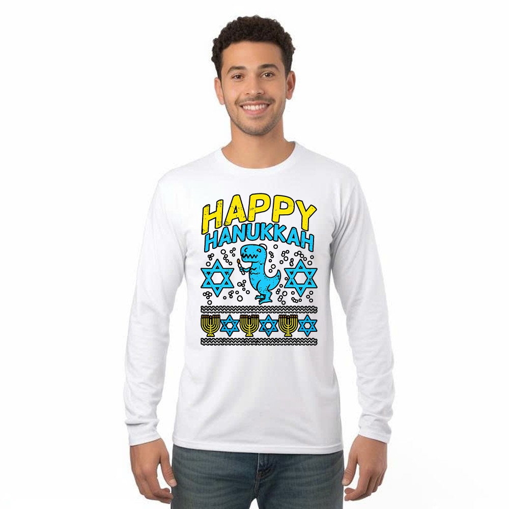 T-Rex Dinosaur Happy Hanukkah Jewish Long Sleeve Shirt Jewish Birthday Gifts For Boys Basgiathsweatshirts