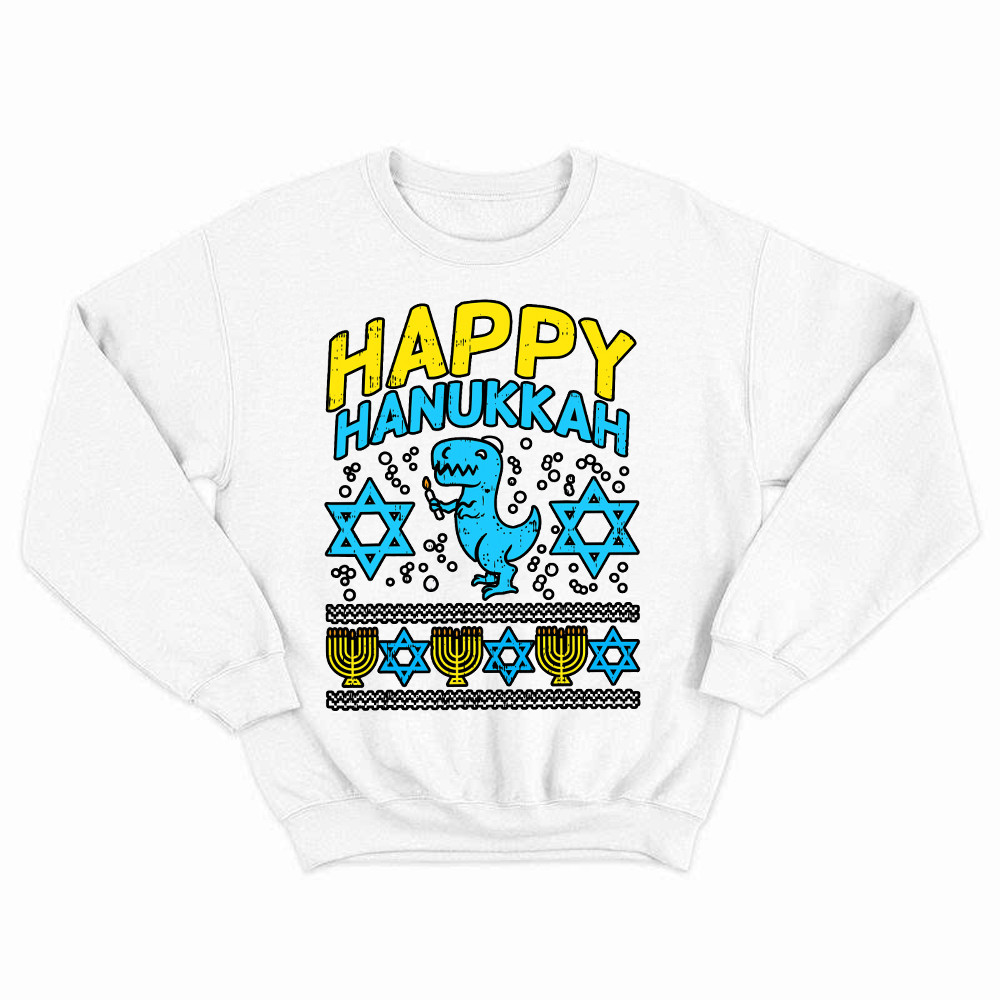 T-Rex Dinosaur Happy Hanukkah Jewish Sweatshirt Jewish Birthday Gifts For Boys Basgiathsweatshirts