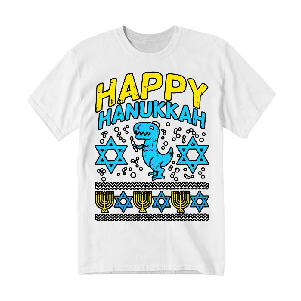 T-Rex Dinosaur Happy Hanukkah Jewish T-Shirt Jewish Birthday Gifts For Boys Basgiathsweatshirts