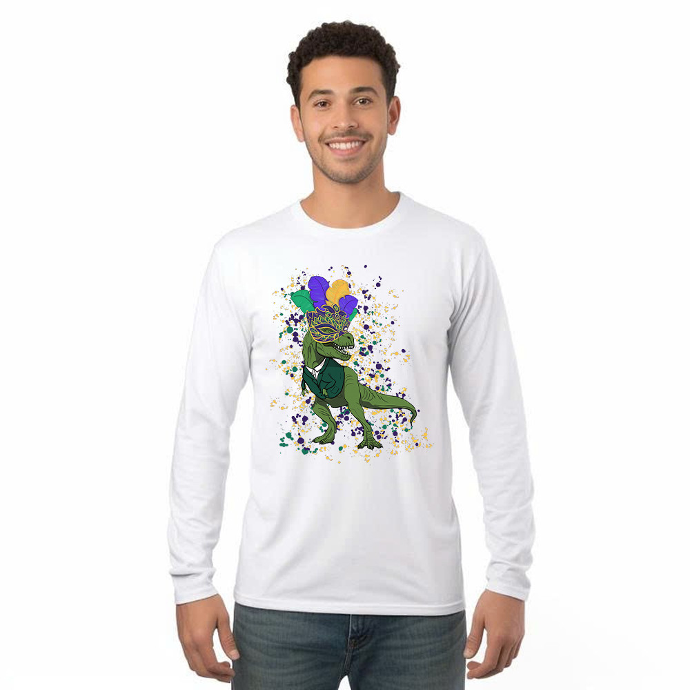 T-Rex Dinosaur Mardi Gras Long Sleeve Shirt Themed Mardi Gras Gift Ideas For Him Basgiathsweatshirts